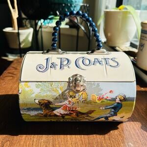J&P Coats Tin Sewing Thread Purse - Latch Closure Bead Handle